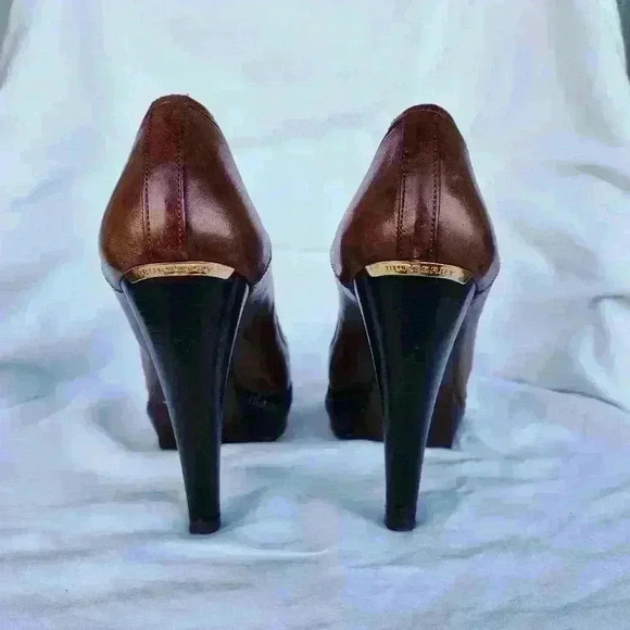 Burberry Brown Leather Pumps Serrated Platform Edge Vintage Designer Heels - Picture 5 of 9